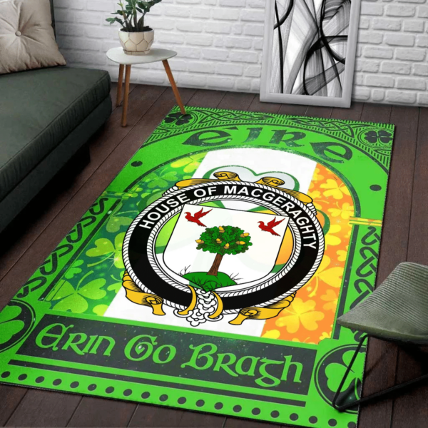 Ireland Area Rug - House of MACGERAGHTY Family Crest Area Rug - Irish Shamrock With Ireland Flag