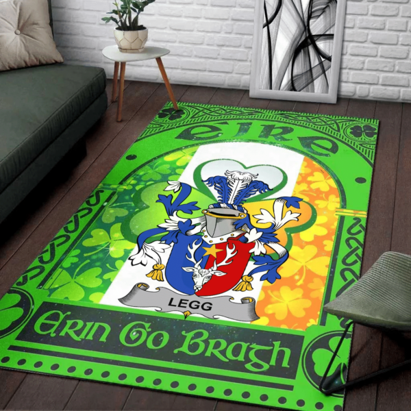 Ireland Area Rug - Legg or Legge Family Crest Area Rug - Irish Shamrock With Ireland Flag