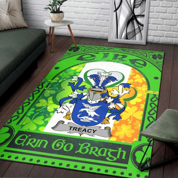 Ireland Area Rug - Treacy or Tracy Family Crest Area Rug - Irish Shamrock With Ireland Flag