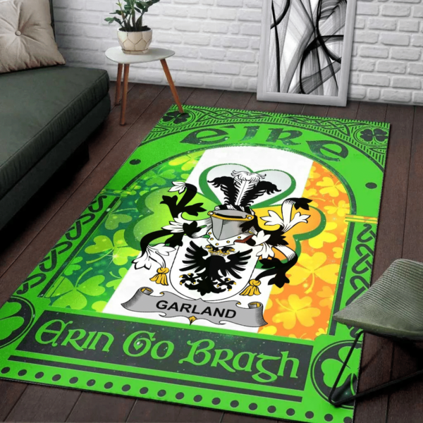 Ireland Area Rug - Garland or McGartland Family Crest Area Rug - Irish Shamrock With Ireland Flag