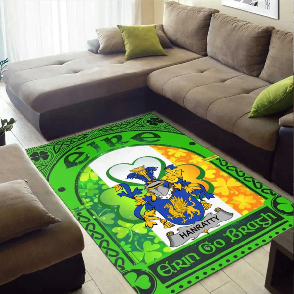 Ireland Area Rug - Hanratty or O'Hanraghty Family Crest Area Rug - Irish Shamrock With Ireland Flag - Image 2