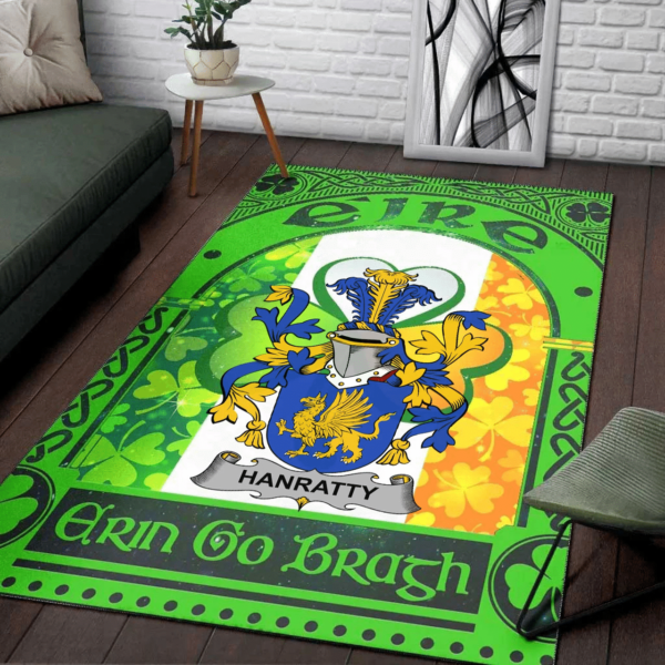 Ireland Area Rug - Hanratty or O'Hanraghty Family Crest Area Rug - Irish Shamrock With Ireland Flag