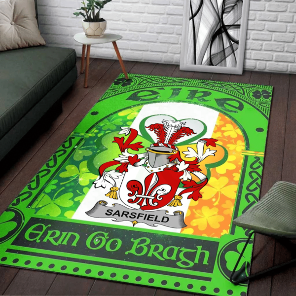 Ireland Area Rug - Sarsfield Family Crest Area Rug - Irish Shamrock With Ireland Flag