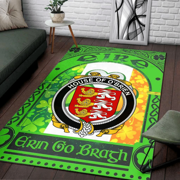 Ireland Area Rug - House of O'BRIEN Family Crest Area Rug - Irish Shamrock With Ireland Flag