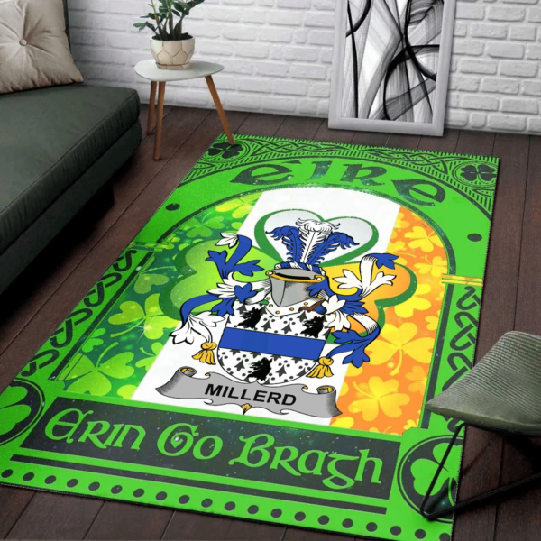 Ireland Area Rug - Millerd Family Crest Area Rug - Irish Shamrock With Ireland Flag