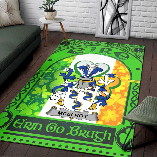 Ireland Area Rug - McElroy or Gilroy Family Crest Area Rug - Irish Shamrock With Ireland Flag