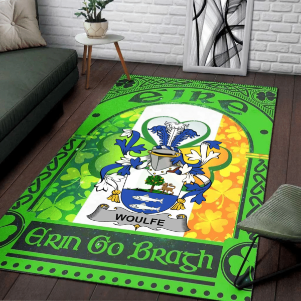 Ireland Area Rug - Woulfe Family Crest Area Rug - Irish Shamrock With Ireland Flag