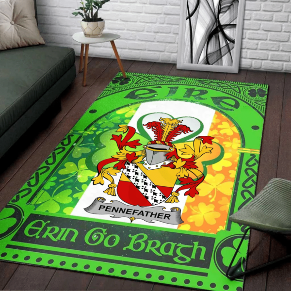 Ireland Area Rug - Pennefather Family Crest Area Rug - Irish Shamrock With Ireland Flag