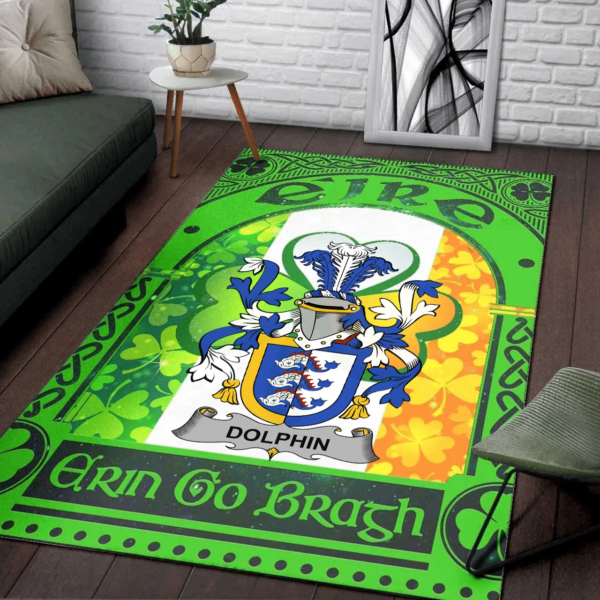 Ireland Area Rug - Dolphin or Dolphyn Family Crest Area Rug - Irish Shamrock With Ireland Flag