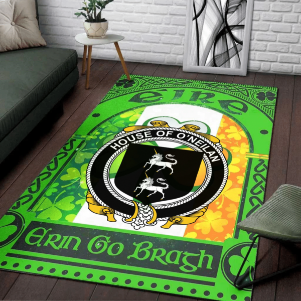 Ireland Area Rug - House of O'NEILAN Family Crest Area Rug - Irish Shamrock With Ireland Flag