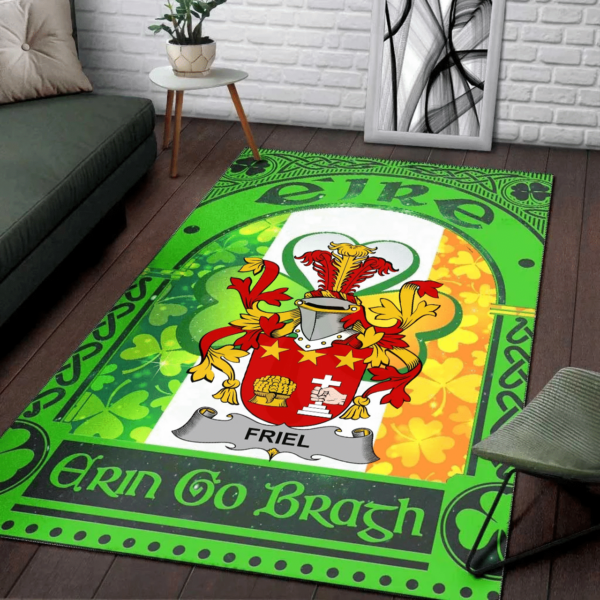 Ireland Area Rug - Friel or O'Friel Family Crest Area Rug - Irish Shamrock With Ireland Flag