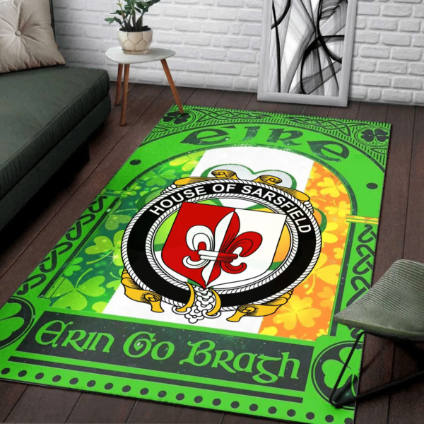 Ireland Area Rug - House of SARSFIELD Family Crest Area Rug - Irish Shamrock With Ireland Flag