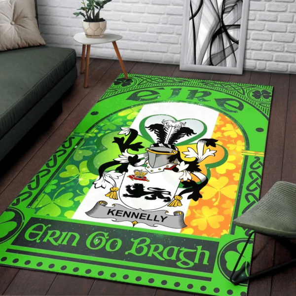 Ireland Area Rug - Kennelly or O'Kineally Family Crest Area Rug - Irish Shamrock With Ireland Flag