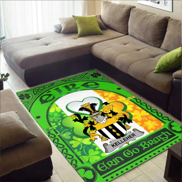 Ireland Area Rug - Kelleher or O'Kelleher Family Crest Area Rug - Irish Shamrock With Ireland Flag - Image 2