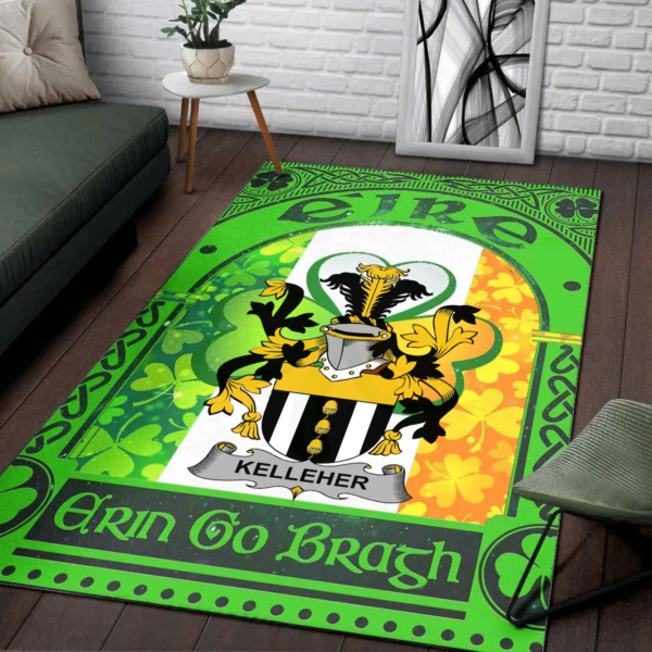 Ireland Area Rug - Kelleher or O'Kelleher Family Crest Area Rug - Irish Shamrock With Ireland Flag