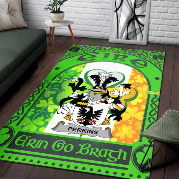 Ireland Area Rug - Perkins Family Crest Area Rug - Irish Shamrock With Ireland Flag