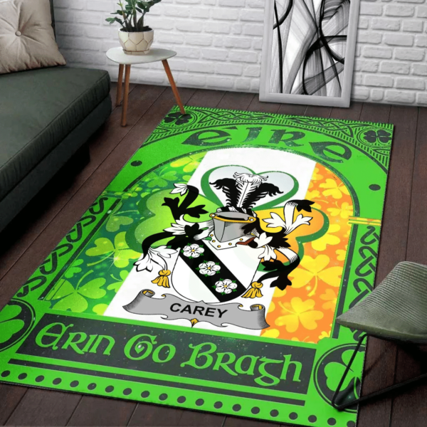 Ireland Area Rug - Carey or Cary Family Crest Area Rug - Irish Shamrock With Ireland Flag