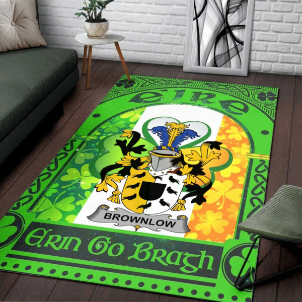 Ireland Area Rug - Brownlow Family Crest Area Rug - Irish Shamrock With Ireland Flag