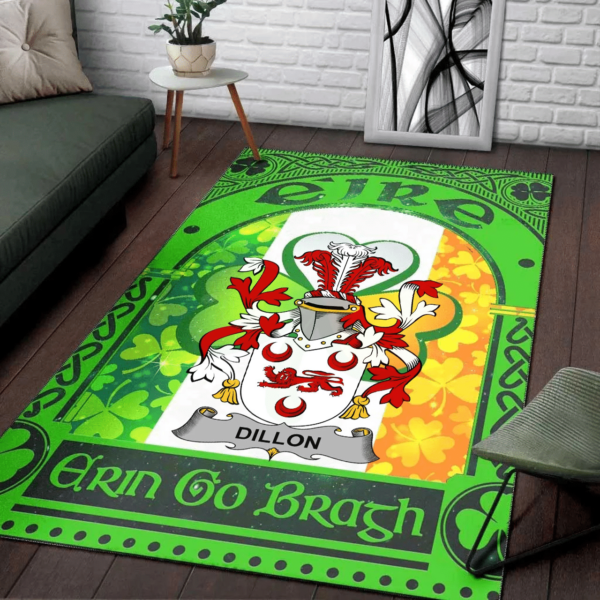 Ireland Area Rug - Dillon Family Crest Area Rug - Irish Shamrock With Ireland Flag