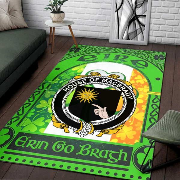 Ireland Area Rug - House of MACBRADY Family Crest Area Rug - Irish Shamrock With Ireland Flag