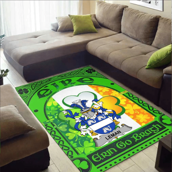 Ireland Area Rug - Leman or Lemon Family Crest Area Rug - Irish Shamrock With Ireland Flag - Image 2