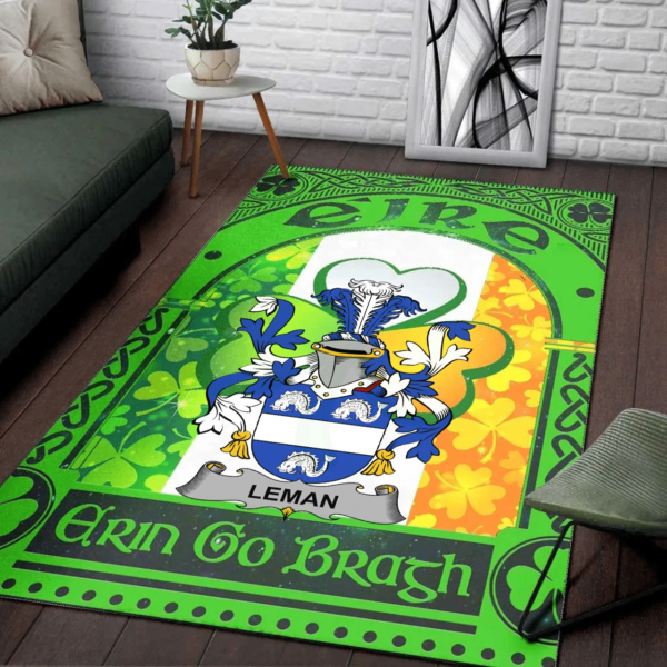 Ireland Area Rug - Leman or Lemon Family Crest Area Rug - Irish Shamrock With Ireland Flag