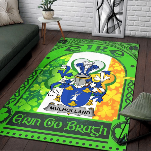 Ireland Area Rug - Mulholland Family Crest Area Rug - Irish Shamrock With Ireland Flag