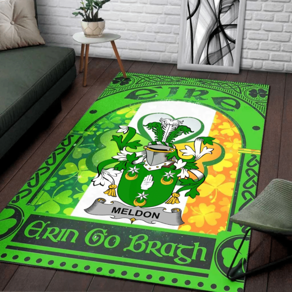 Ireland Area Rug - Meldon or Muldoon Family Crest Area Rug - Irish Shamrock With Ireland Flag