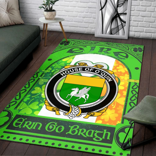 Ireland Area Rug - House of O'QUIN (Annaly) Family Crest Area Rug - Irish Shamrock With Ireland Flag