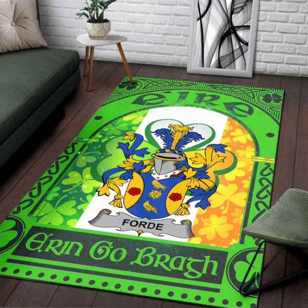 Ireland Area Rug - Forde or Consnave Family Crest Area Rug - Irish Shamrock With Ireland Flag