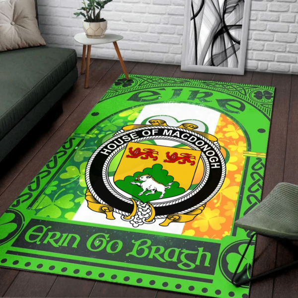 Ireland Area Rug - House of MACDONOGH (Connacht) Family Crest Area Rug - Irish Shamrock With Ireland Flag