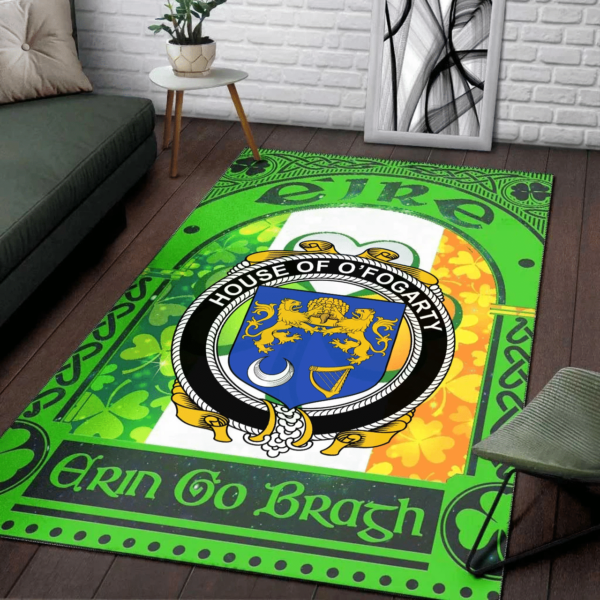 Ireland Area Rug - House of O'FOGARTY Family Crest Area Rug - Irish Shamrock With Ireland Flag