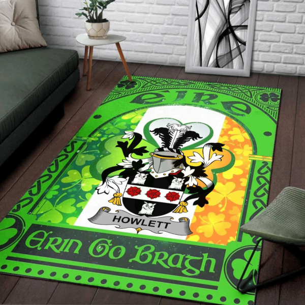 Ireland Area Rug - Howlett or Hewlett Family Crest Area Rug - Irish Shamrock With Ireland Flag