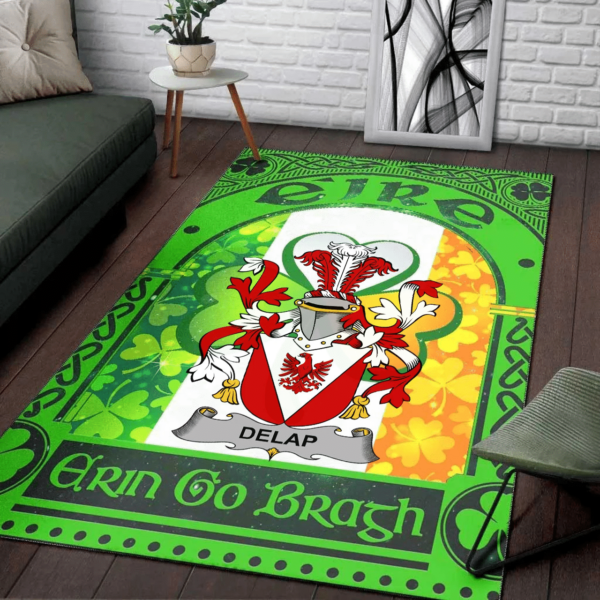 Ireland Area Rug - Delap Family Crest Area Rug - Irish Shamrock With Ireland Flag