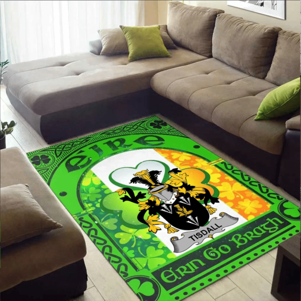 Ireland Area Rug - Tisdall or Tisdale Family Crest Area Rug - Irish Shamrock With Ireland Flag - Image 2