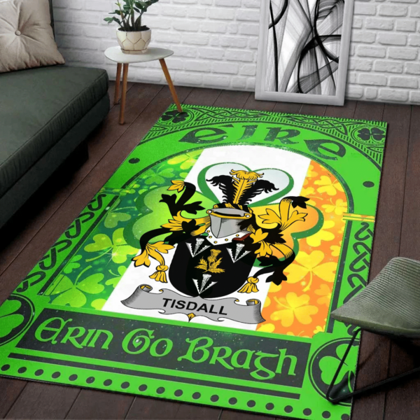 Ireland Area Rug - Tisdall or Tisdale Family Crest Area Rug - Irish Shamrock With Ireland Flag