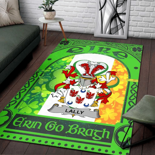 Ireland Area Rug - Lally or O'Mullally Family Crest Area Rug - Irish Shamrock With Ireland Flag