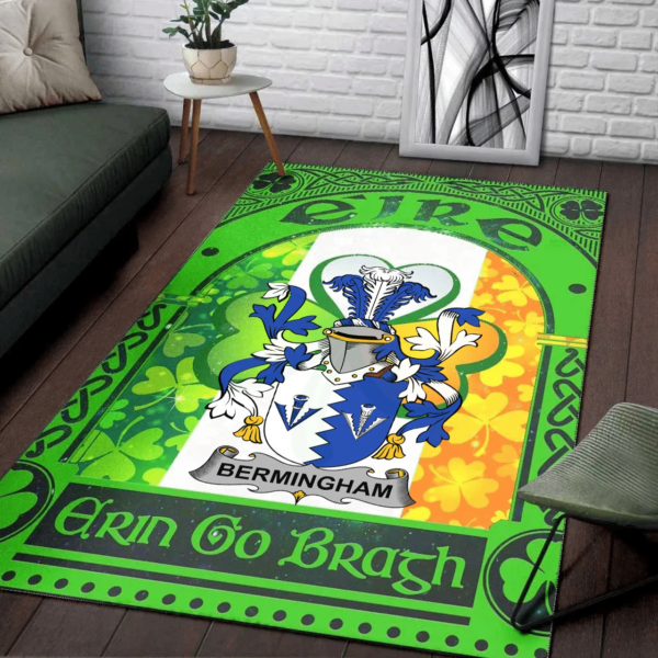 Ireland Area Rug - Bermingham Family Crest Area Rug - Irish Shamrock With Ireland Flag