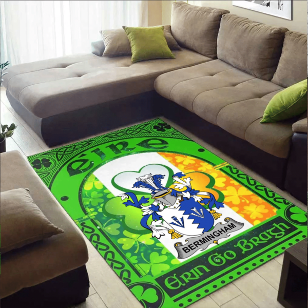 Ireland Area Rug - Bermingham Family Crest Area Rug - Irish Shamrock With Ireland Flag - Image 2