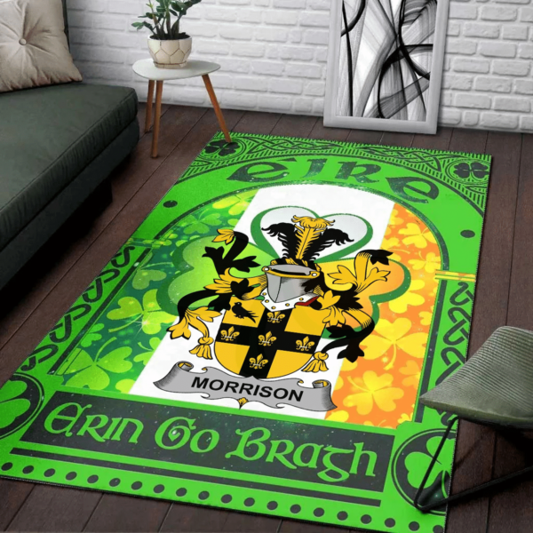 Ireland Area Rug - Morrison Family Crest Area Rug - Irish Shamrock With Ireland Flag