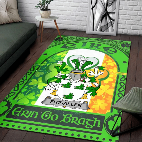 Ireland Area Rug - Fitz-Allen Family Crest Area Rug - Irish Shamrock With Ireland Flag