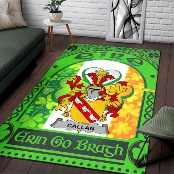 Ireland Area Rug - Callan or O'Callan Family Crest Area Rug - Irish Shamrock With Ireland Flag