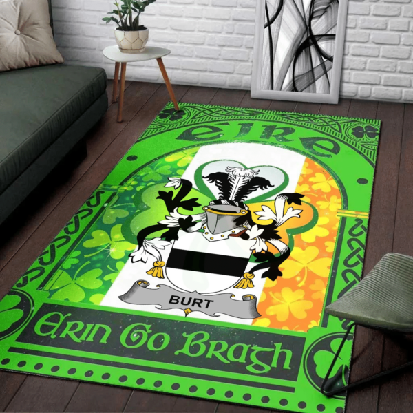 Ireland Area Rug - Burt or Birt Family Crest Area Rug - Irish Shamrock With Ireland Flag