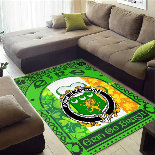 Ireland Area Rug - House of MACMANUS Family Crest Area Rug - Irish Shamrock With Ireland Flag - Image 2