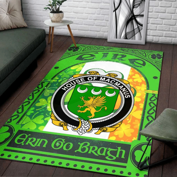 Ireland Area Rug - House of MACMANUS Family Crest Area Rug - Irish Shamrock With Ireland Flag