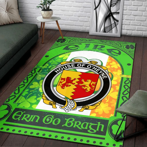 Ireland Area Rug - House of O'HEYNE Family Crest Area Rug - Irish Shamrock With Ireland Flag