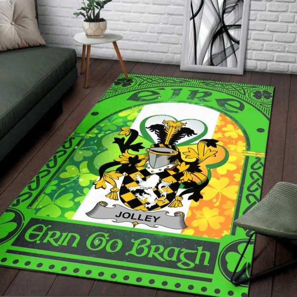 Ireland Area Rug - Jolley or Jolly Family Crest Area Rug - Irish Shamrock With Ireland Flag