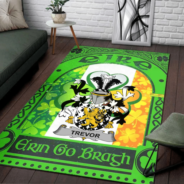 Ireland Area Rug - Trevor Family Crest Area Rug - Irish Shamrock With Ireland Flag