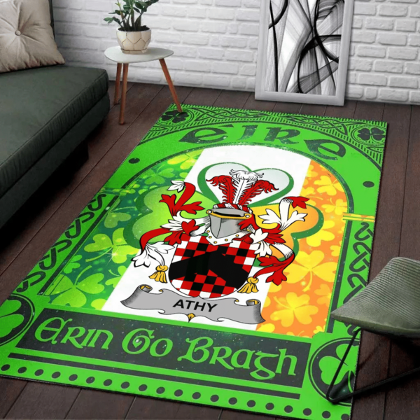 Ireland Area Rug - Athy Family Crest Area Rug - Irish Shamrock With Ireland Flag