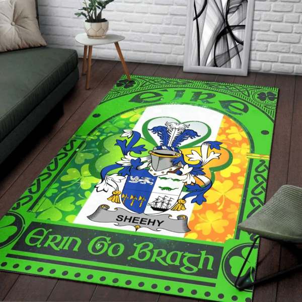 Ireland Area Rug - Sheehy or McSheehy Family Crest Area Rug - Irish Shamrock With Ireland Flag